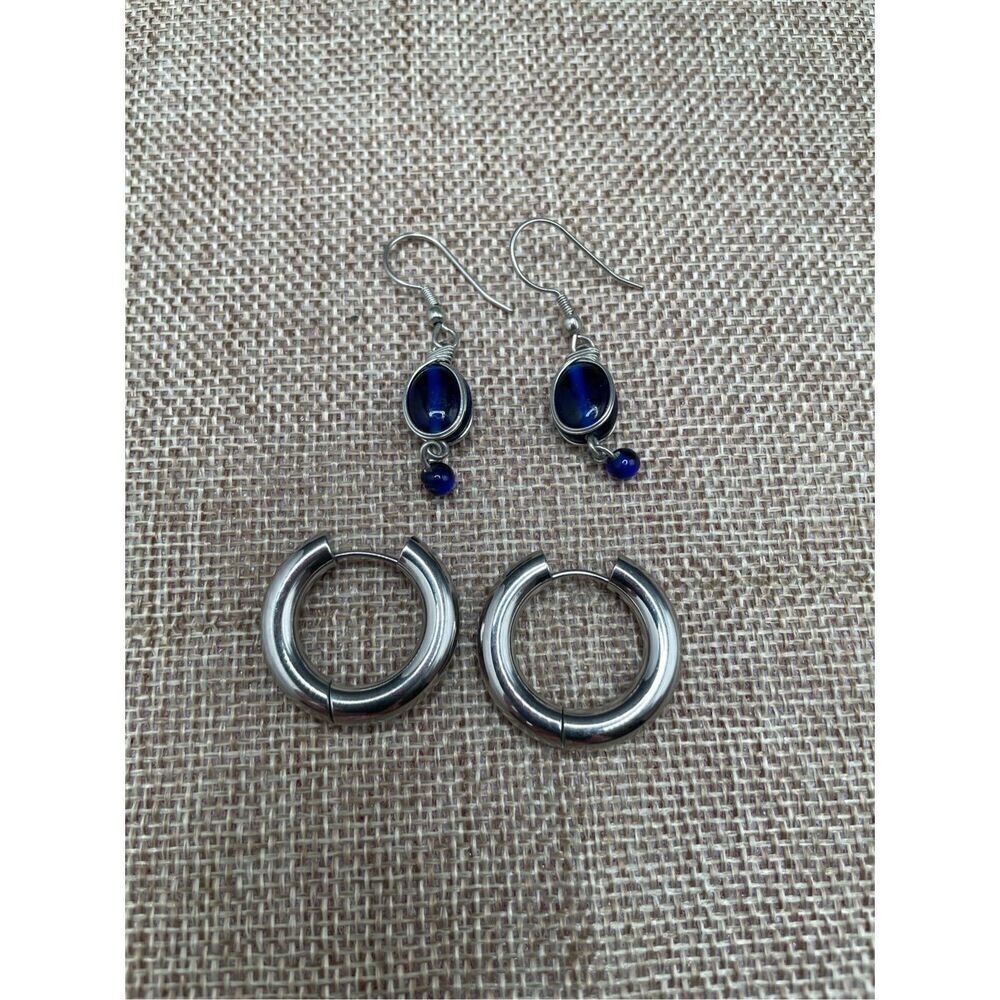 Earring Bundle 2 Pair Silver Pierced Earrings Blue Glass Dangle Earrings and Sil